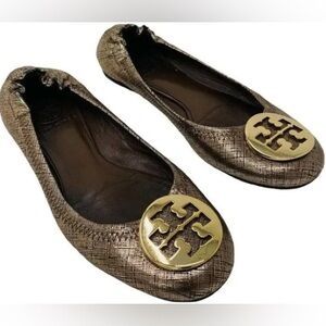 Authentic TORY BURCH “Reva” Bronze Gold Metallic Textured Ballet Flats - SZ 6